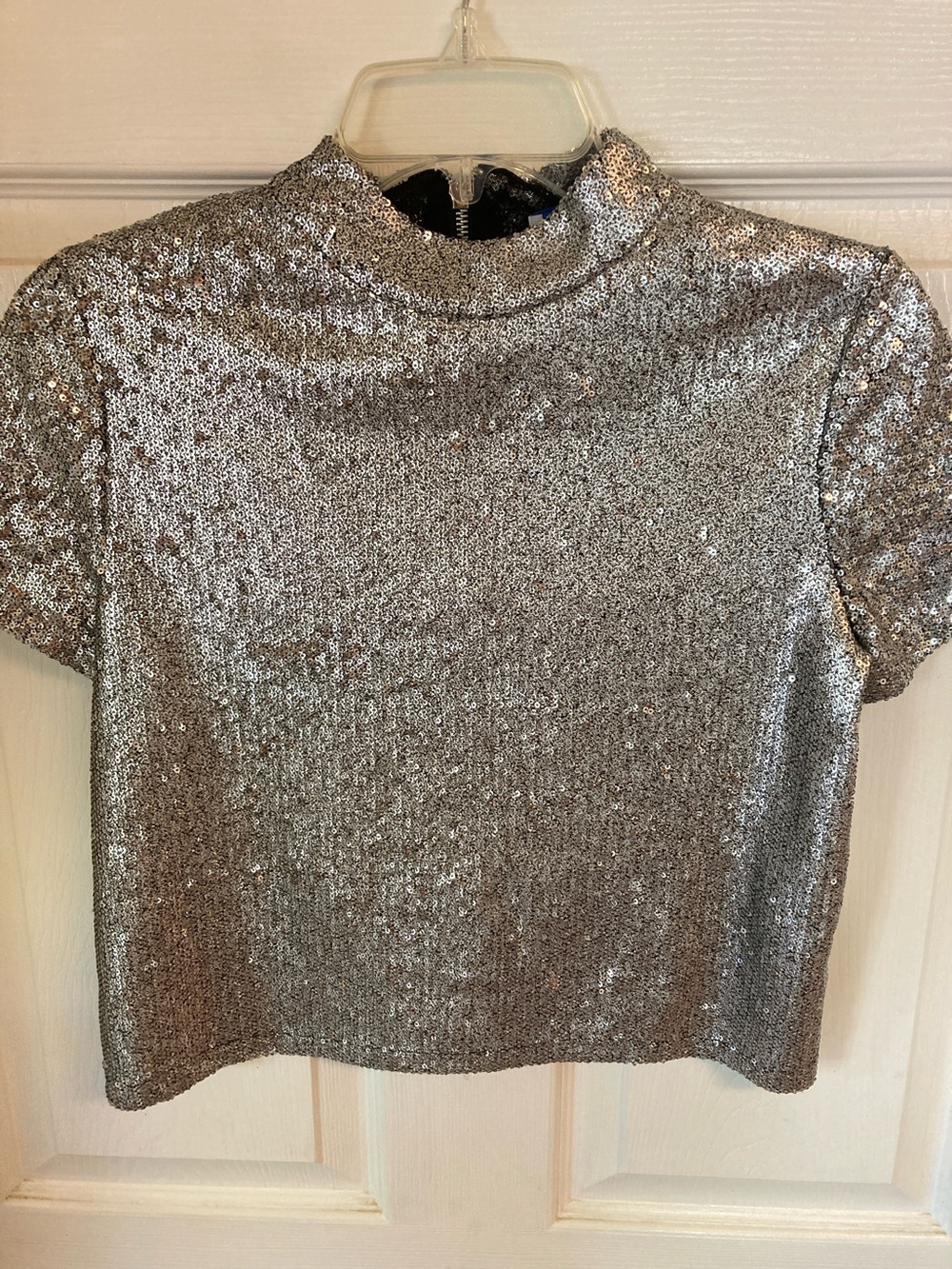 Zara Silver Sequin Mock Neck Crop Top